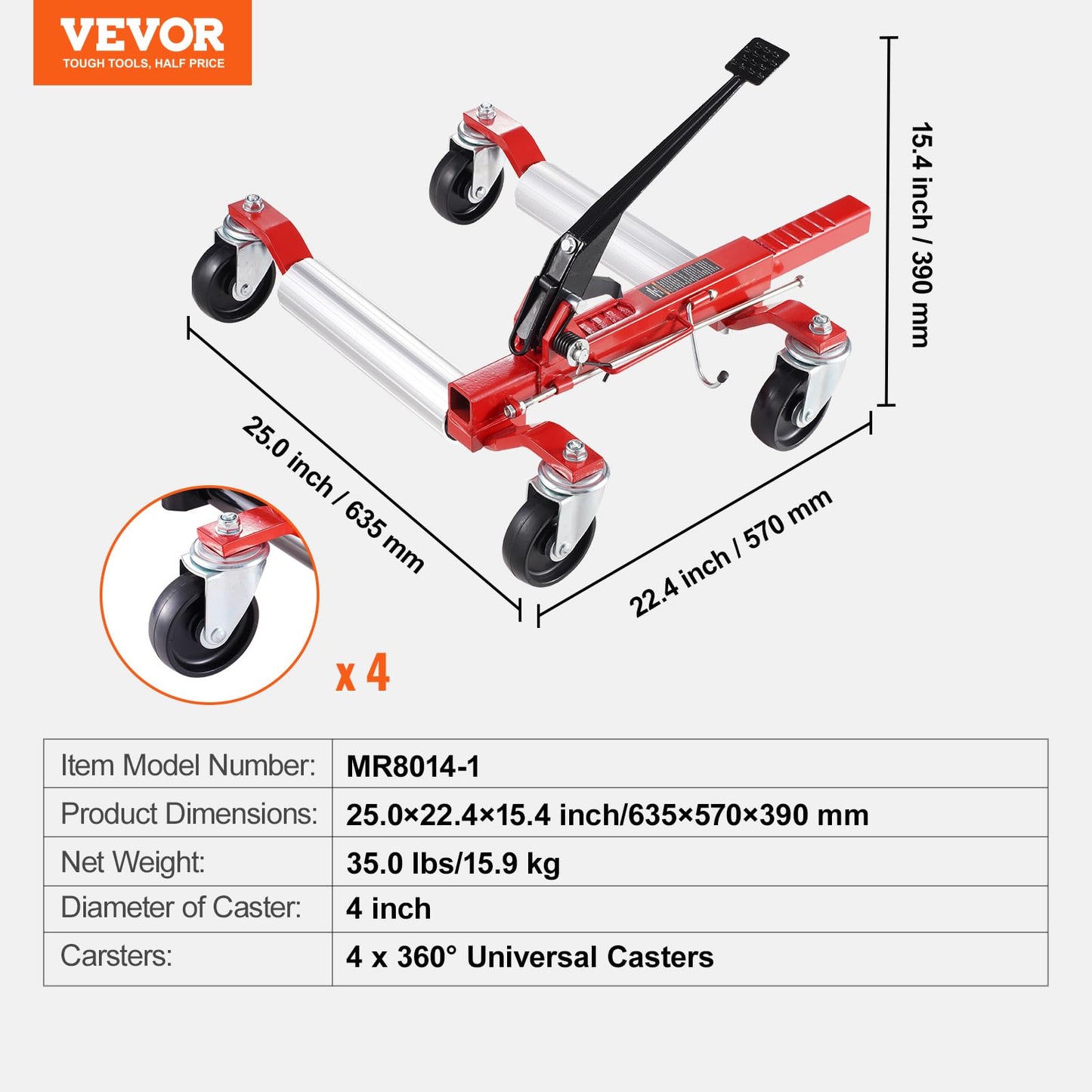VEVOR Wheel Dolly, 1 Piece Wheel Dolly Car Skate, Heavy Duty Vehicle Positioning with Ratcheting Foot Pedal, Ratchet Type Tire Skate Tire Jack for Car Truck RV Trailer, 1500 LBS