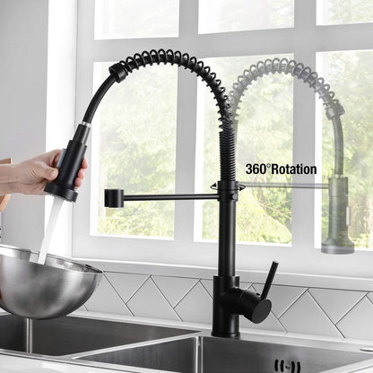 DJS Kitchen Faucets with Pull Down Sprayer Matte Black - Dual Mode Setting Single Handle 1 or 3 Holes Commercial Black Kitchen Sink Faucet with Deck Plate for Farmhouse RV Vessel Basin