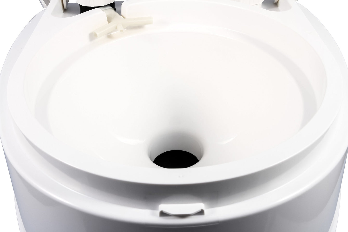 Camco Premium Portable Travel Toilet With Three Directional Flush and Swivel Dumping Elbow | Designed for Camping, RV, Boating And Other Recreational Activities - (5.3 gallon) (41545),White