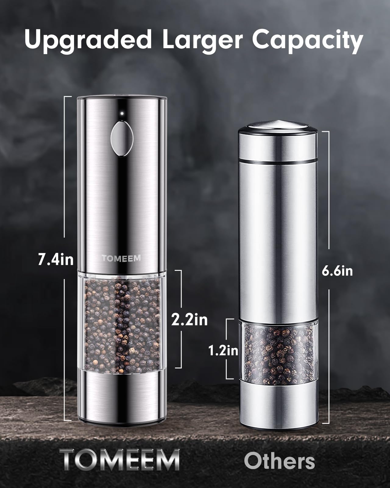 TOMEEM Upgraded Larger Capacity Electric Salt and Pepper Grinder Set Rechargeable with LED lights, Stainless Steel Automatic Pepper and Salt Grinder Refillable with 5 Adjustable Coarseness