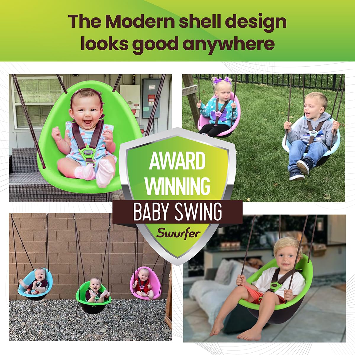 Swurfer Kiwi Toddler Swing – Comfy Baby Swing Outdoor, 3-Point Adjustable Safety Harness, Safe Quick Click Locking System, Foam-Lined Shell, Blister-Free Rope, Age 9 Months and Up, Green