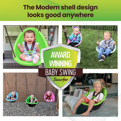 Swurfer Kiwi Toddler Swing – Comfy Baby Swing Outdoor, 3-Point Adjustable Safety Harness, Safe Quick Click Locking System, Foam-Lined Shell, Blister-Free Rope, Age 9 Months and Up, Green