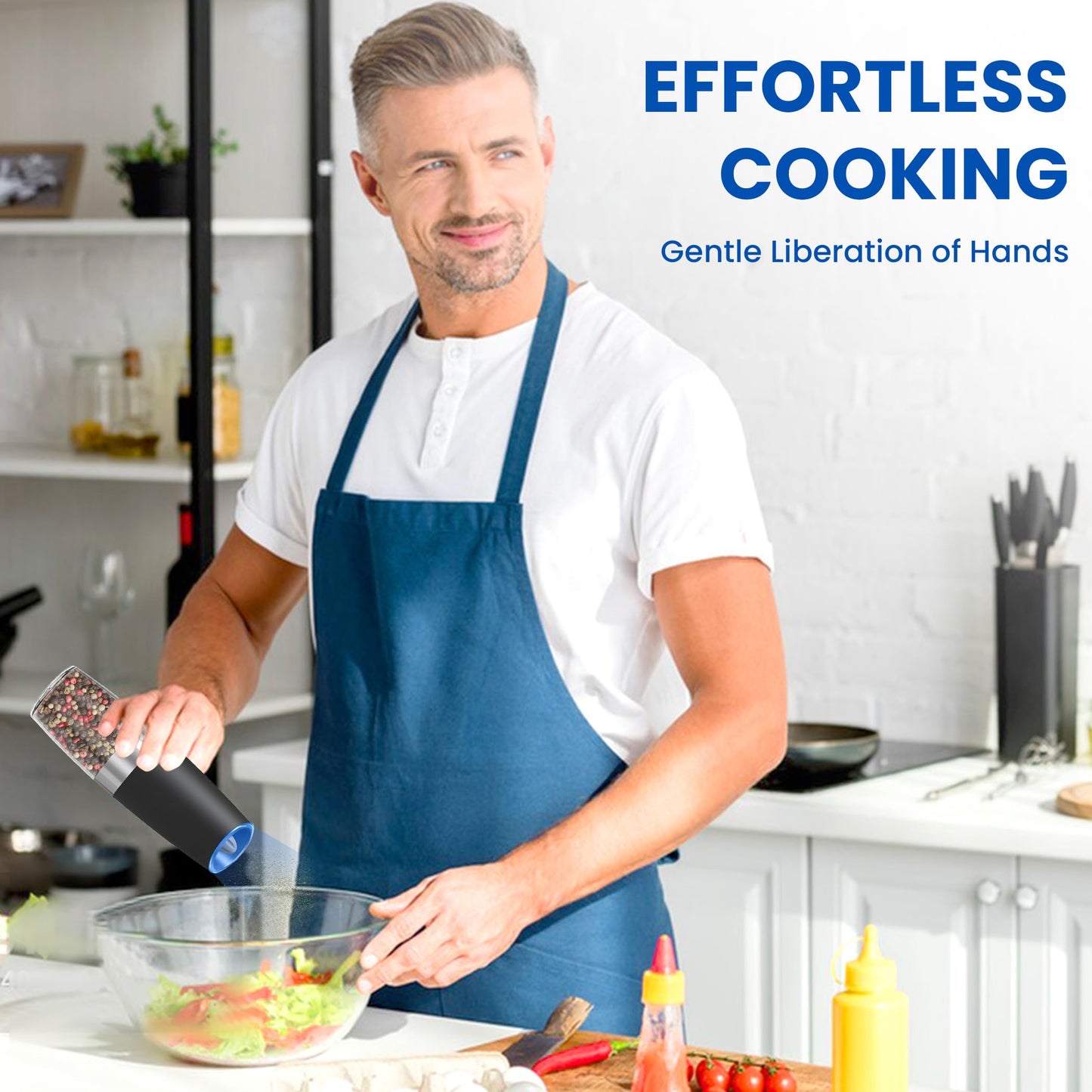 UNNEES Gravity Electric Salt and Pepper Grinder set of 2, Automatic Salt And Pepper Grinder Set, Adjustable Roughness, Battery Powered, LED Light, 2 Pack, (Black)