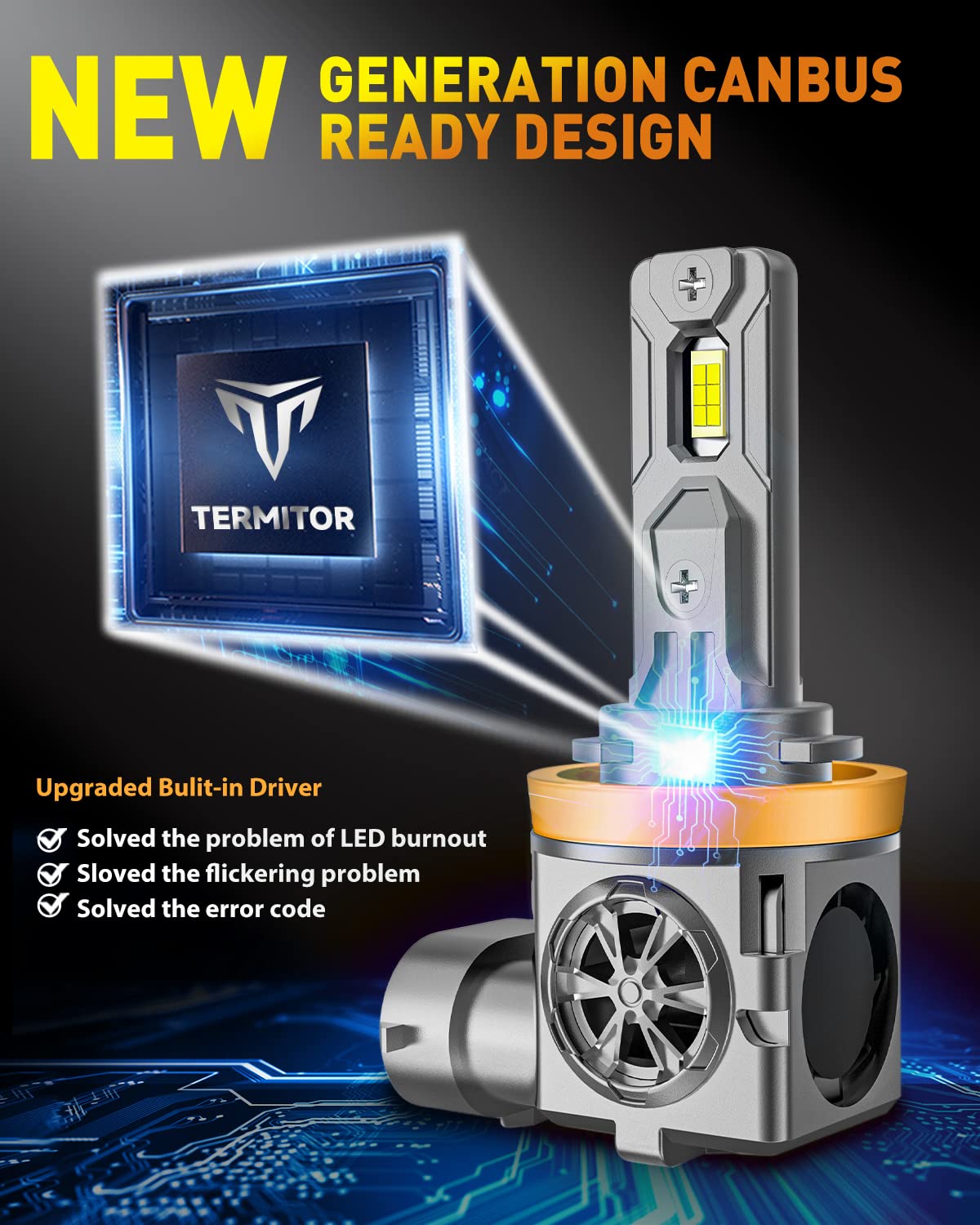 Termitor Latest H11/H9 Bulbs, 40,000LM 900% Ultra-Brightness, Real 1:1 Halogen Mini Size, 10-Year Extended Lifespan, 6500K White Illumination for Automotive H11 Fog Lights, Plug and Play, Pack of 2