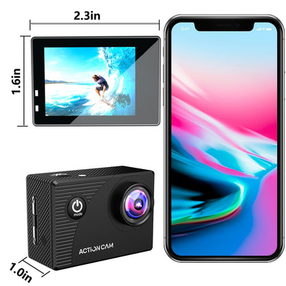 Xilecam Action Camera 1080P 30fps Sports Camera 40m/131ft Underwater Waterproof with 2 Batteries and Multi-Function Accessory