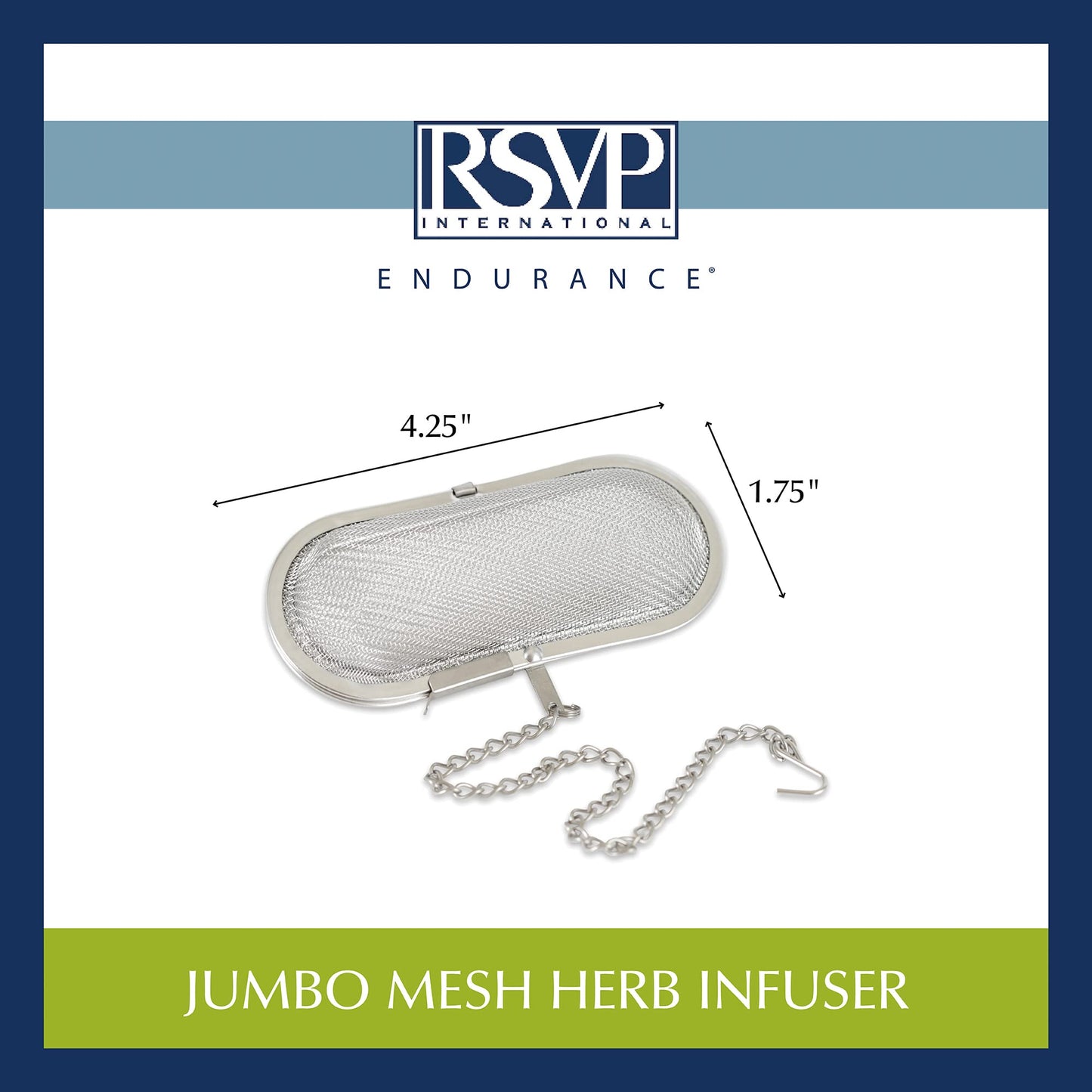RSVP International Endurance Kitchen Collection Stainless Steel Mesh Floating Spice Infuser for Soups, Stews or Large Tea Pot, Jumbo Oval, 4.25x1.75"
