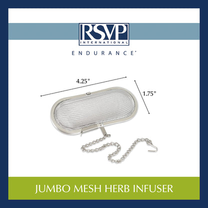 RSVP International Endurance Kitchen Collection Stainless Steel Mesh Floating Spice Infuser for Soups, Stews or Large Tea Pot, Jumbo Oval, 4.25x1.75"