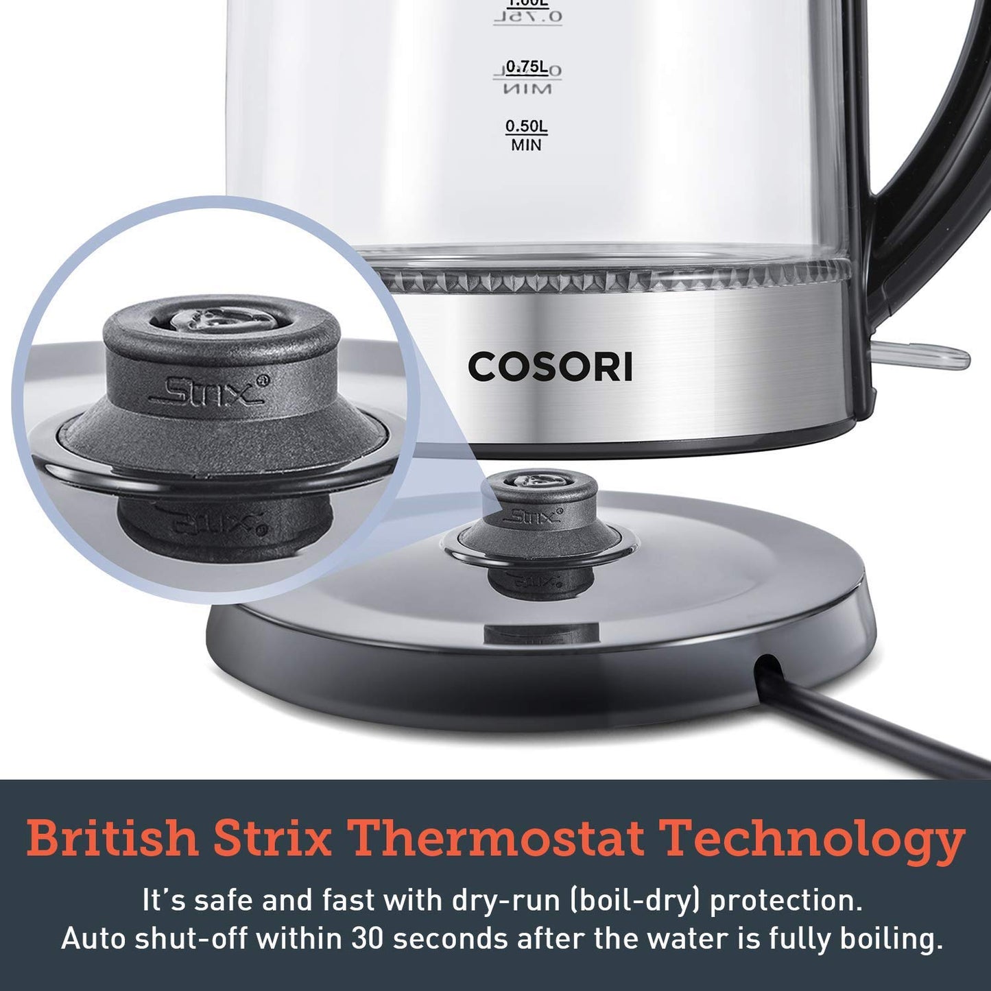COSORI Speed-Boil Electric Tea Kettle, 1.7L Hot Water Kettle (BPA Free) 1500W Auto Shut-Off & Boil-Dry Protection, LED Indicator Inner Lid & Bottom, Transparent