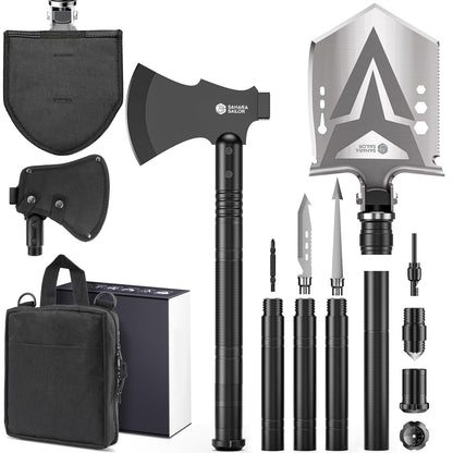 Sahara Sailor Survival Axe, Camping Folding Shovel with Hatchet with Large Shovel Head and 1.6-3.1 Ft Extented Handles, High Carbon Steel Survival Gear Equipment, Storage Bag Included
