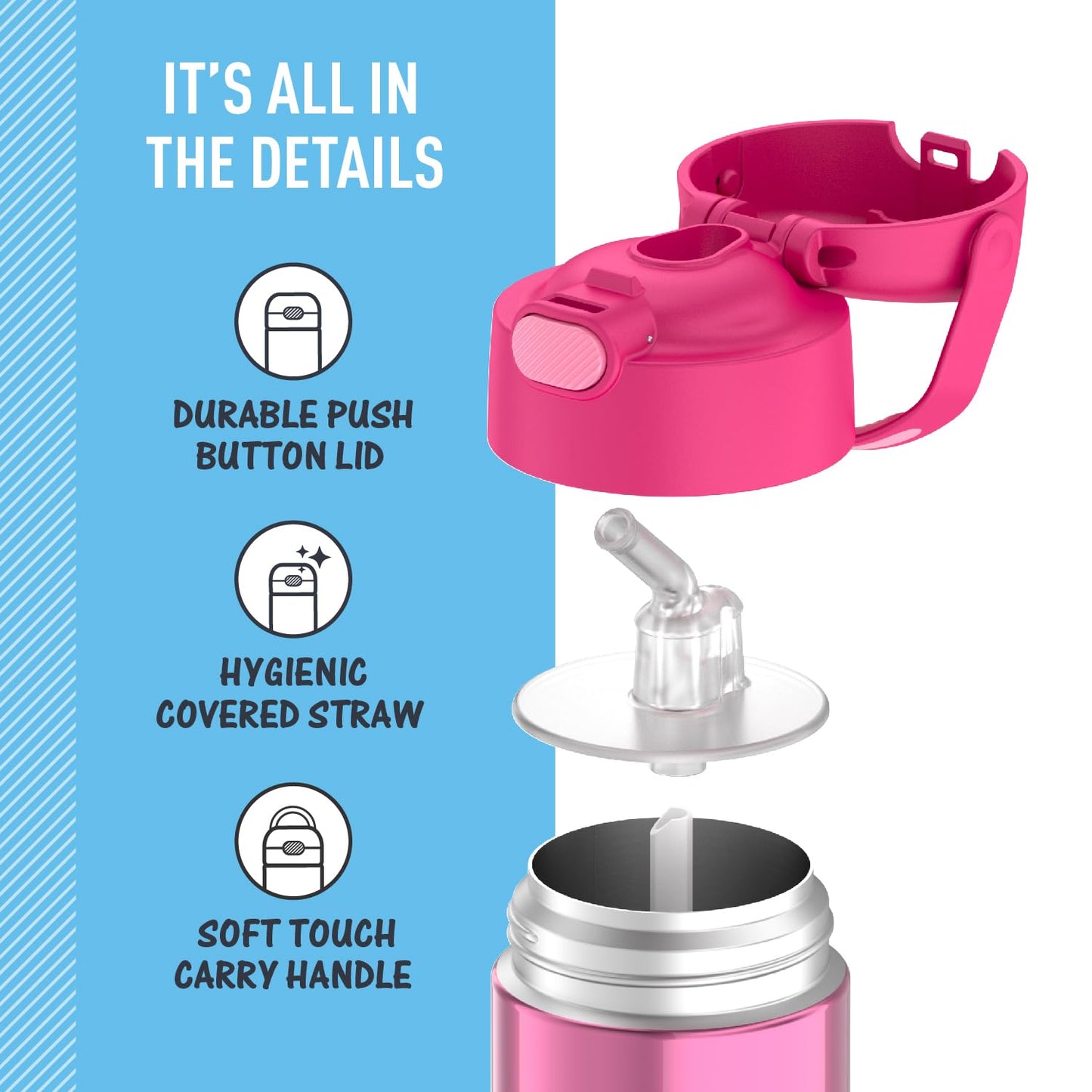 THERMOS FUNTAINER Water Bottle with Straw - 12 Ounce - Kids Stainless Steel Vacuum Insulated Water Bottle with Lid, Pink