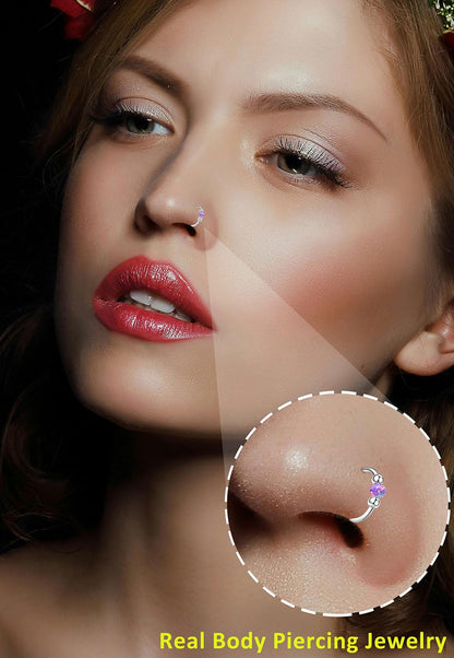 4PCS Stainless Steel Nose Rings Set for Women Men,Hypoallergenic 20G L-Shaped Nose Studs 18G Purple Opal Hinged Small Silver Hoops for Nostril Septum Cartilage Helix Rook 2nd/3rd Earlobe Lip Piercings