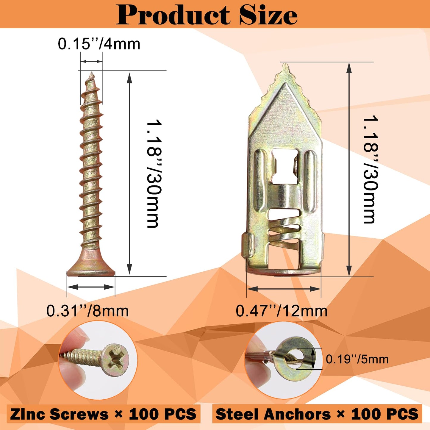 Sunxeke 200 Pcs Self Drilling Drywall Anchors with Screws,100 Sheetrock Anchors (0.47x1.18 Inch) & 100 Zinc Expansion Screws,2025 Upgraded Zinc Plated Steel,No Drill Needed,Perfect for Wall Hanging