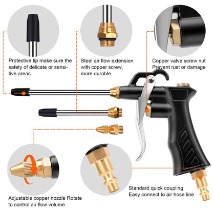 Brass Industrial Air Blower with Adjustable Nozzle, Universal Blow Hose & Steel Extensions - Air Compressor Dusting Tool