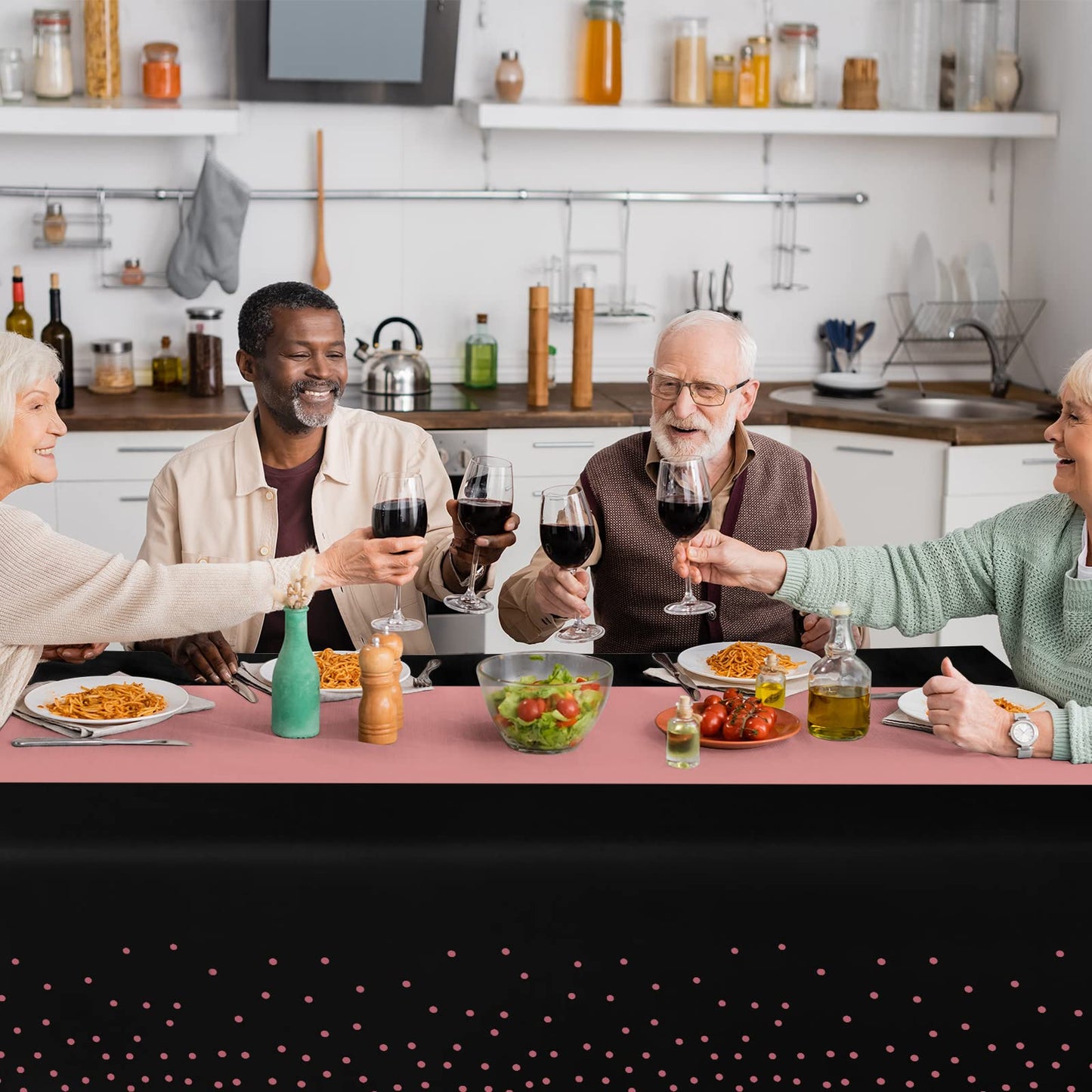 24Pack Disposable Plastic Tablecloth and Satin Table Runner Black and Rose Gold Dot Tablecloth Rose Gold Satin Table Runner for Wedding Birthday Baby Shower Anniversary Christmas New Year Party Supply