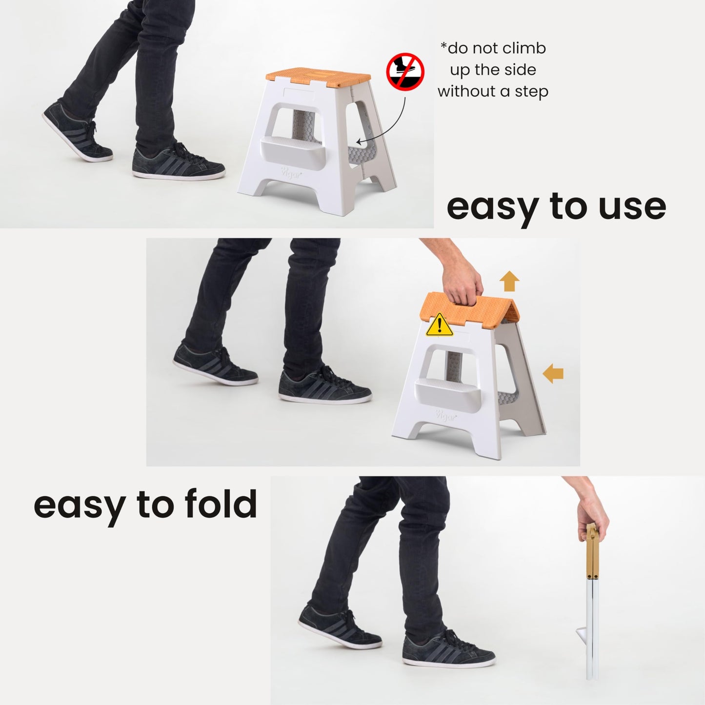 Vigar Compact Step Stool Foldable, 16-inch Two-Step Stools for Adults up to 330 Pound, Lightweight Stool, Non-Slip Folding Step Stool, Grey, Bamboo Print on Top