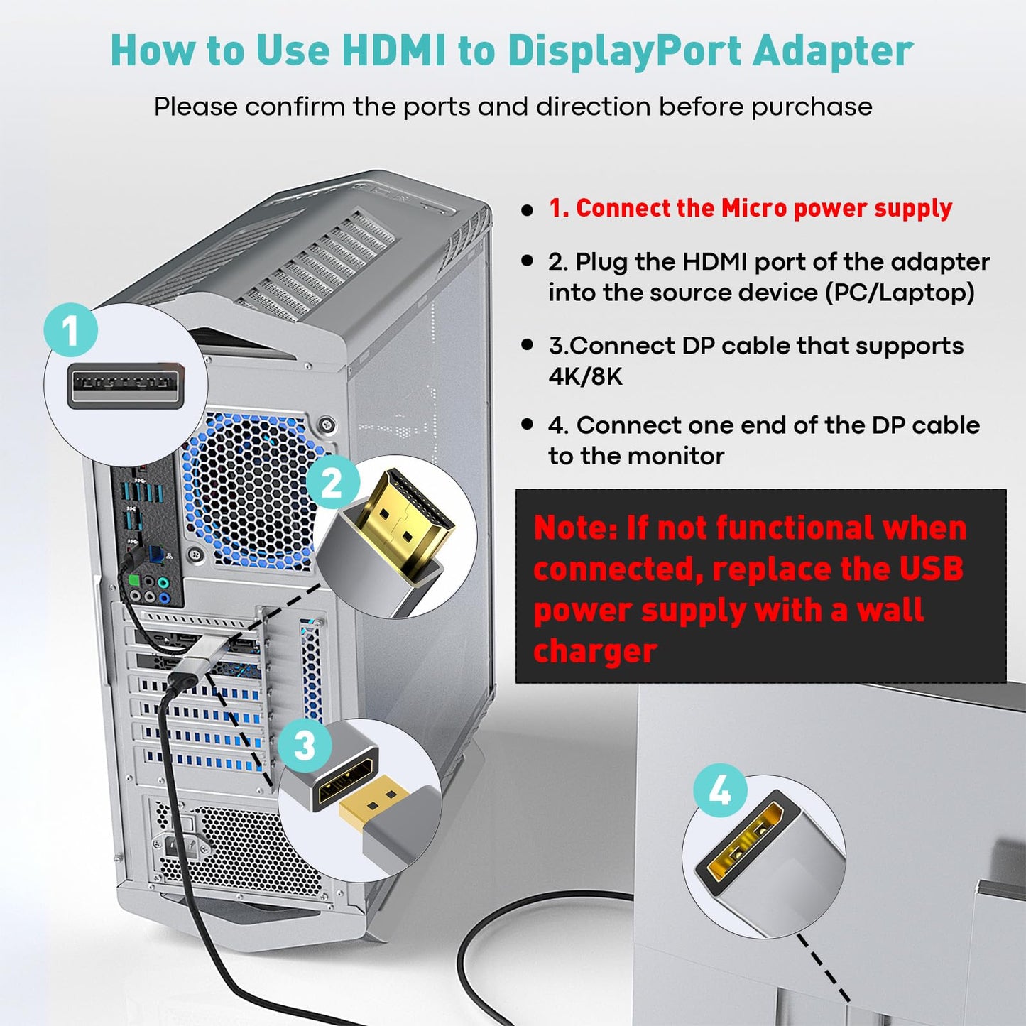 UANTIN HDMI to DisplayPort Adapter (4K 60Hz,1080p 120Hz) Uni-Directional HDMI (Source) to DP (Screen) Converter Male to Female for PC,Laptop,AMD,NVIDIA,PS5,Xbox and More - 1 Pack