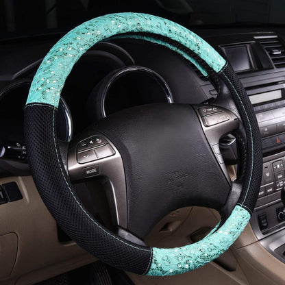 CAR PASS Lace and Spacer Mesh Steering Wheel Covers,14.5-15 Inch Car Steering Wheel Cover Fit for 95% Sedan,Vans,SUV,Coupe,Cars. Pretty Sequins Cute Women Girls(Mint Lace)