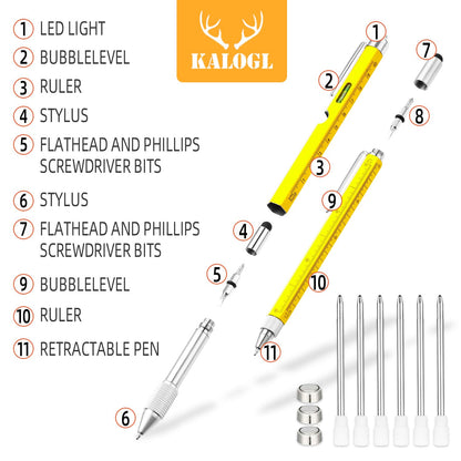 Gifts for Dad Men Him,2 Pack Multitool Pen,Multi-tool Pen with [Stylus, Ballpoint Pen, 6 refills, 4" Ruler, Level, Phillips Screwdriver,LED] (Yellow)