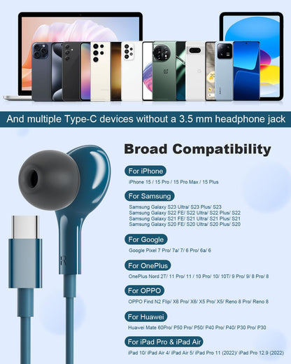 USB C Headphones Wired Earbuds Magnetic in-Ear Headphones C Type for Samsung Galaxy S24 S23 Ultra S25 S22 iPhone 15 16 17 Pro Max iPad Pro with Microphone HiFi Stereo for A56 A54 A35 A54 5g A16