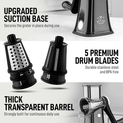 Zulay Kitchen Rotary Cheese Grater 5 Blade Cheese Shredder - Manual Hand Crank Cheese Grater With Reinforced Suction & 5 Interchangeable Drums - Easy to Use, Vegetable Chopper Round Mandoline Slicer