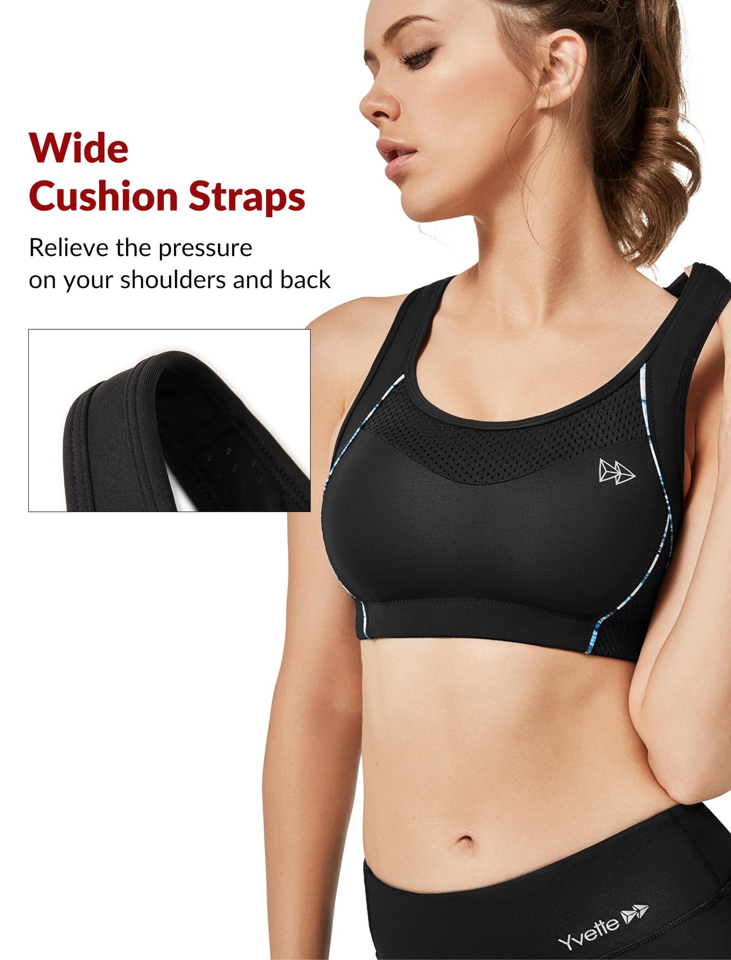 Yvette Sports Bras for Women High Impact Support Racerback Sports Bra Plus Size No Underwire for Running Workout, Black,L