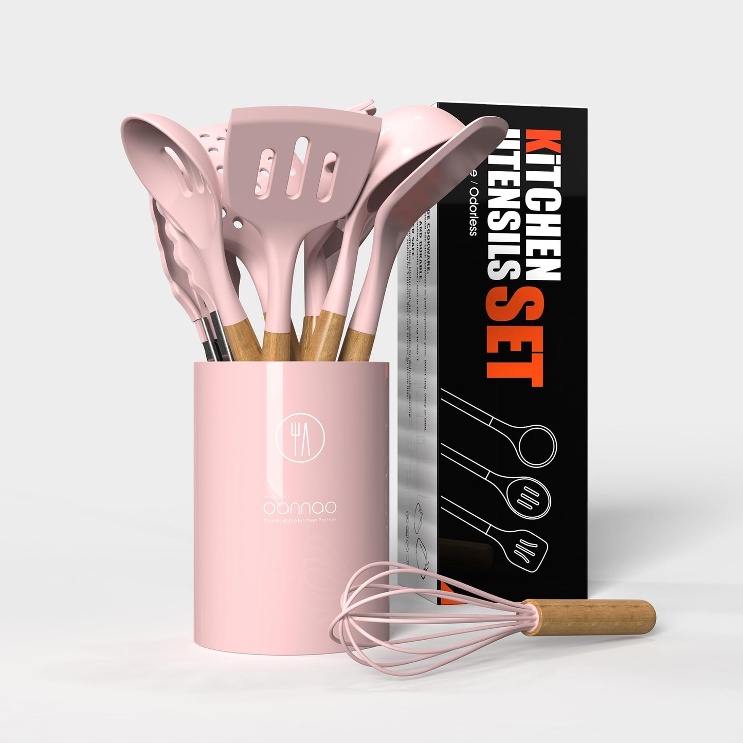 Silicone Kitchen Utensils Set - 446°F Heat Resistant Cooking Utensil Sets, Spatula,Turner,Tongs,Spoon,Brush,Whisk, Wooden Handle Silicone Kitchen Gadgets Tools for Non-Stick Cookware BPA Free (Pink)