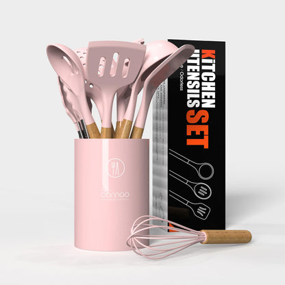 Silicone Kitchen Utensils Set - 446°F Heat Resistant Cooking Utensil Sets, Spatula,Turner,Tongs,Spoon,Brush,Whisk, Wooden Handle Silicone Kitchen Gadgets Tools for Non-Stick Cookware BPA Free (Pink)