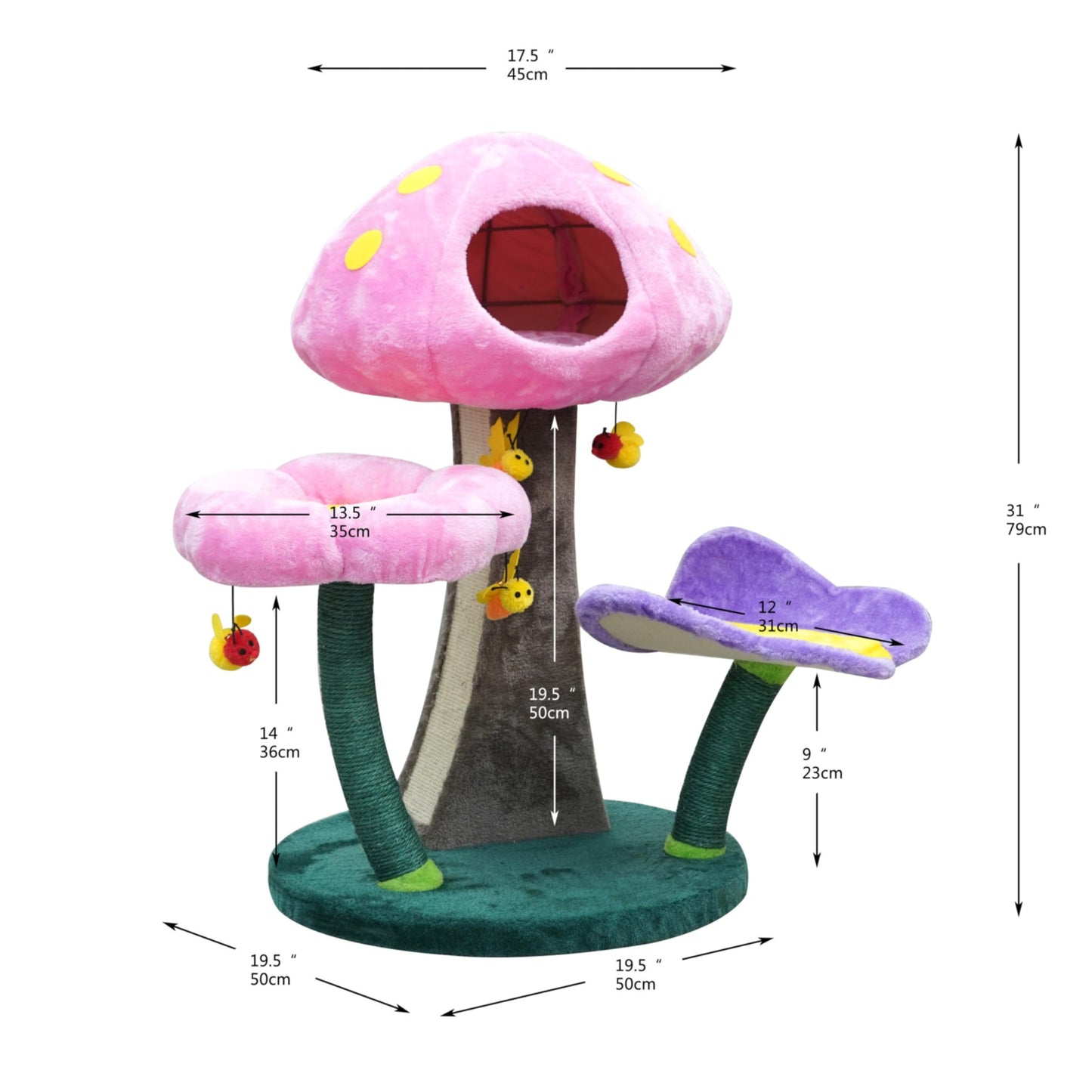 Catry® Wonderland 3-Level 31" Cat Tree with Mushroom Condo, Flower Perch, Sisal Scratching Pad, Parts Replaceable, Garden Style with Bee Toys. Multi- Color