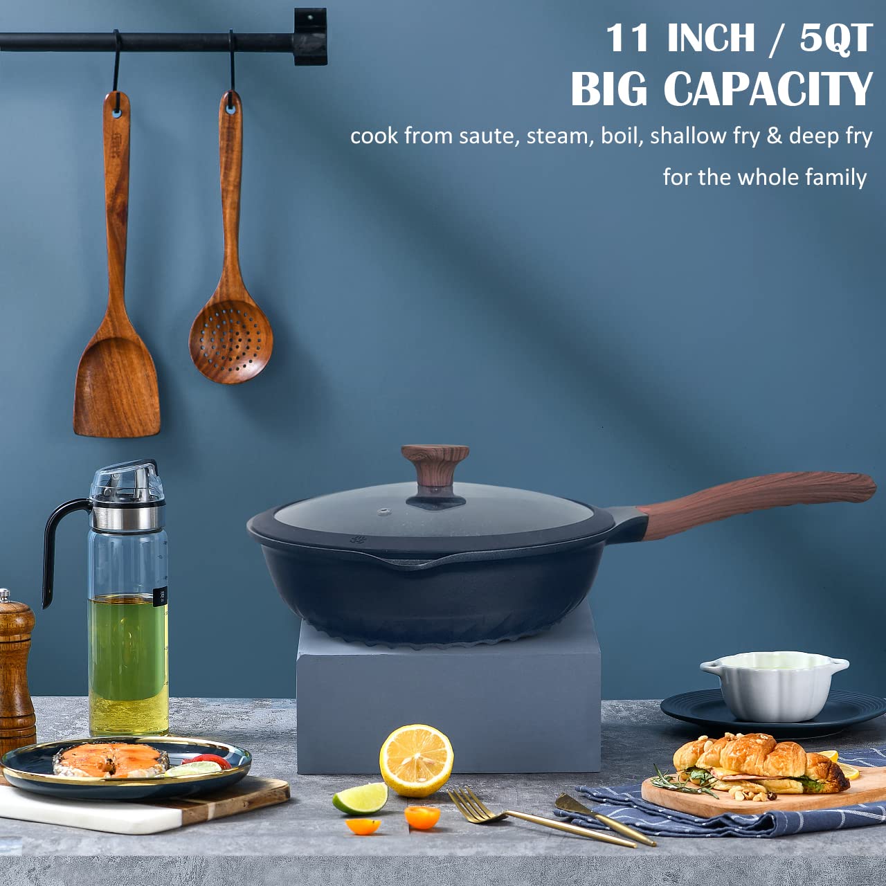 Vinchef Nonstick Deep Frying Pan Skillet with Lid, 11in/5Qt Saute Pan, German 3C+ Ceramic Coating Technology, Heat Indicator, Induction Compatible