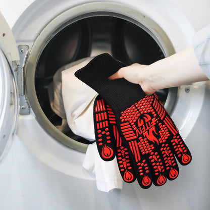 FITFIV BBQ Gloves, Oven Gloves, Extreme Heat Resistant Barbecue Gloves, Silicone Non-Slip Oven Mitts, Kitchen Gloves for Cooking, Grilling, and Baking (Red)