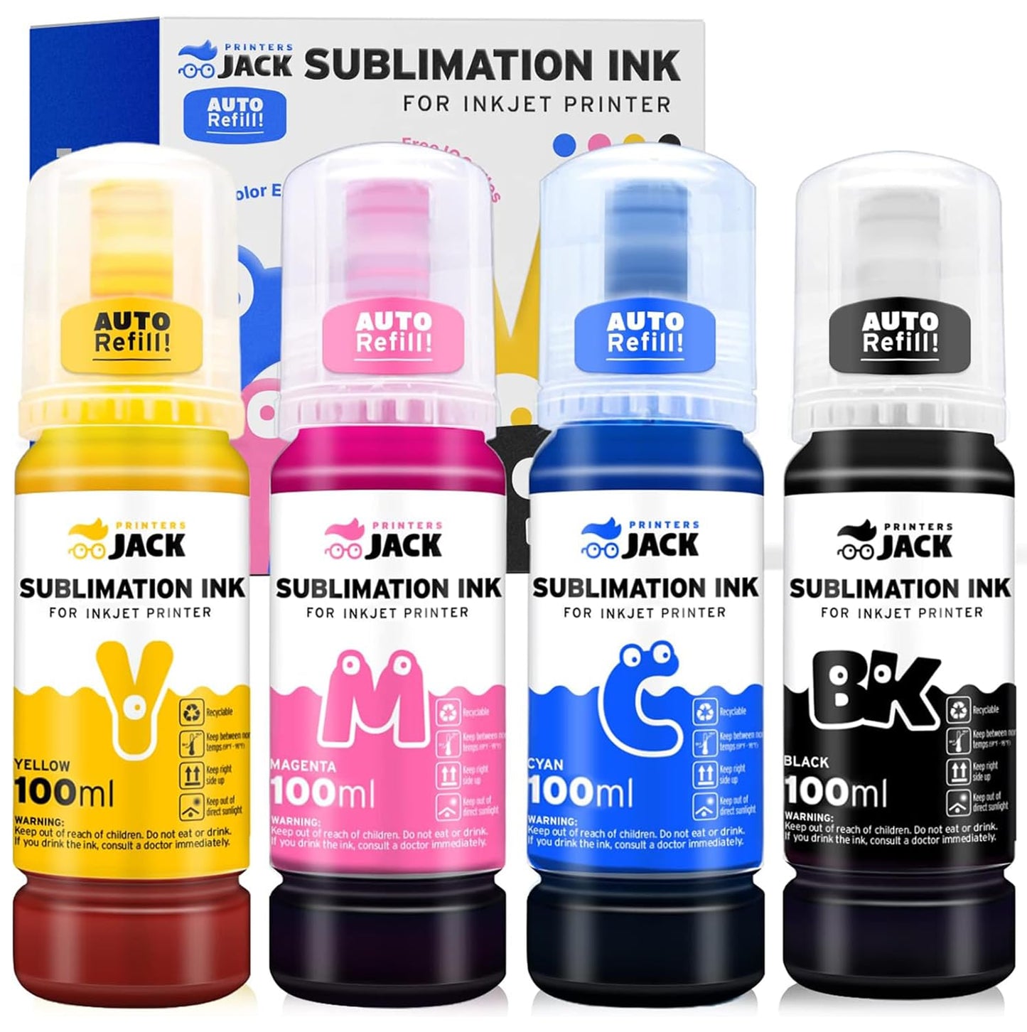 Printers Jack 4x100ml Sublimation Ink Auto Refill for Supertank Printers ET2800 ET15000 ET-2720 ET-4700 ET-2760 ET-3760 ET-4760 ET-2700 ET-2750 ET-4750 L3110 L3150 /Upgrade Version/Free ICC Printing