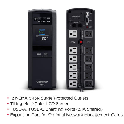 CyberPower CP1500PFCLCD PFC Sinewave UPS Battery Backup and Surge Protector, 1500VA/1000W, 12 Outlets, AVR, Mini Tower; UL Certified