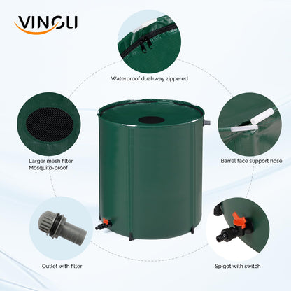 VINGLI 50 Gallon Collapsible Rain Barrel, Portable Water Storage Tank, Rainwater Collection System Downspout, Water Catcher Container with Filter Spigot Overflow Kit