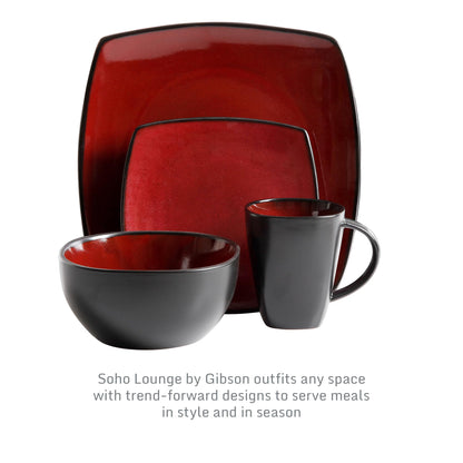 Gibson Soho Lounge Square Reactive Glaze Dinnerware Set, Red, Service for 4 (16pcs)