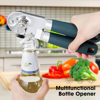 Beneno Heavy Duty Hand Can Opener Manual with Magnet, Durable Sharp Carbon Steel Blade Smooth Cutting, Big Effort-Saving Knob & Soft Grip Handle, Multifunctional Kitchen Tool with Bottle Opener, Green