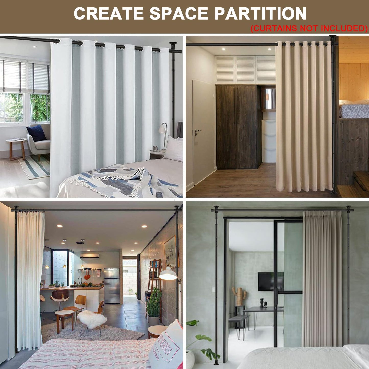 Room Divider, No Drilling Curtain Rod Wall Divider for Space Partition, Adjustable 4-10ft(H) 28-70inch(W) Heavy Duty Floor to Ceiling Tension Rod Dividers Temporary Privacy Separator Window Rods Black