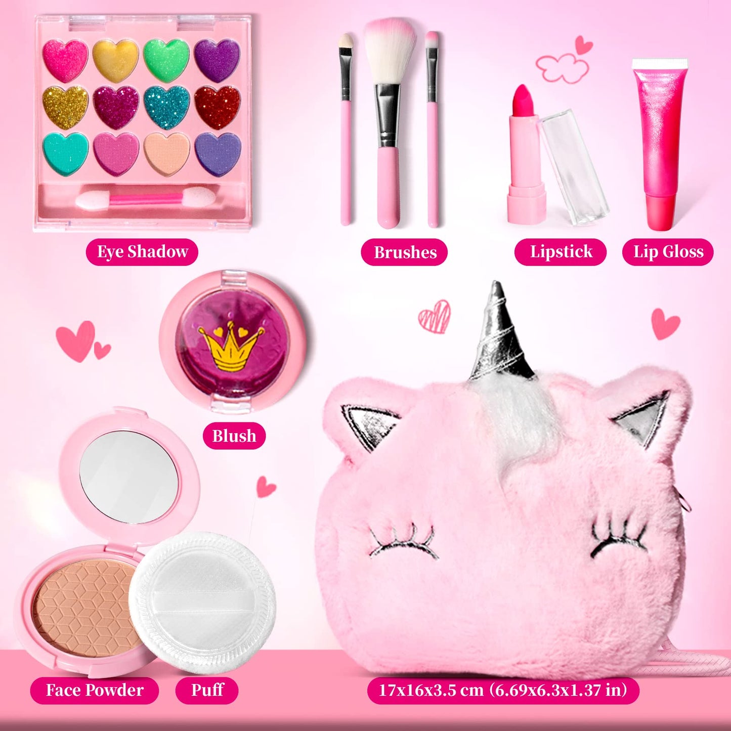 ULOVEME Kids Real Makeup Kit for Girls with Fluffy Purse - Real, Non Toxic, Washable Make Up Toy - Umicorn Toys Gift for 3 4 5 6 7 8 Years Old Girls Birthday (Pink Umicorn)