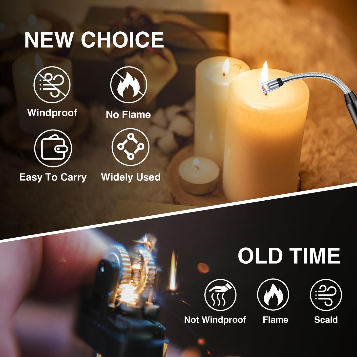 2 PCS Candle Lighter, Electric Lighter Arc Windproof Flameless with 360° Flexible Neck & LED Power Display, Lighters for Candle for BBQ, Grill, Camping, Fireplace, Stove