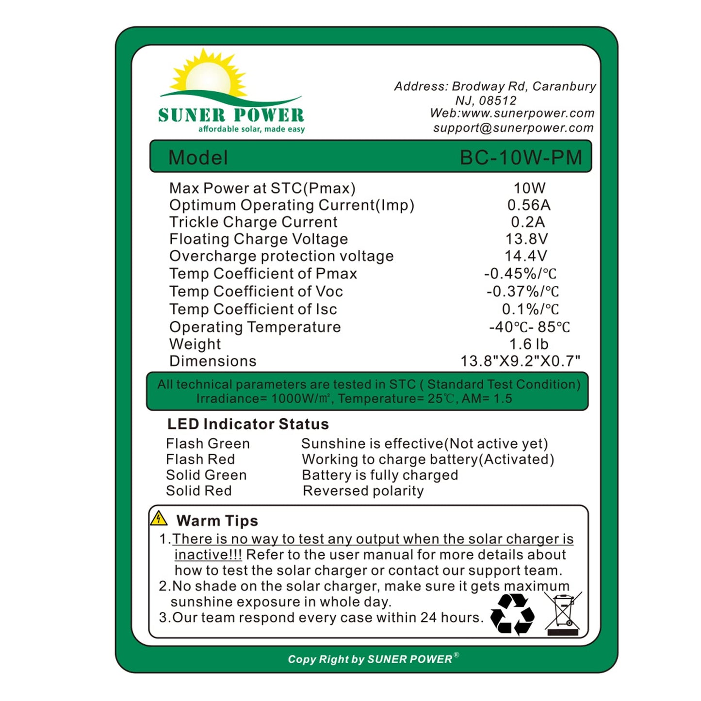 SUNER POWER 12V 10W Solar Battery Trickle Charger Maintainer, Built-in Smart MPPT Charge Controller, Tubular Mount Bracket, Waterproof 10 Watt Solar Panel Kits for 12 Volt Rechargeable Batteries