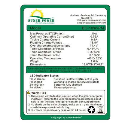 SUNER POWER 12V 10W Solar Battery Trickle Charger Maintainer, Built-in Smart MPPT Charge Controller, Tubular Mount Bracket, Waterproof 10 Watt Solar Panel Kits for 12 Volt Rechargeable Batteries