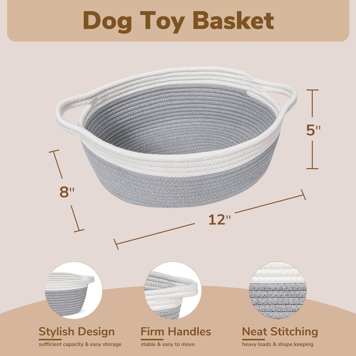 Goodpick Small Woven Storage Basket with Handles, Cotton Rope Baskets for Gifts Empty, Dog Toys, Diapers, Towels, Easter Baskets for Kids, 12" x 8" x 5", Gray