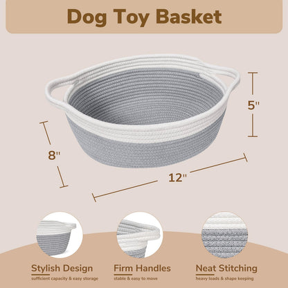 Goodpick Small Woven Storage Basket with Handles, Cotton Rope Baskets for Gifts Empty, Dog Toys, Diapers, Towels, Easter Baskets for Kids, 12" x 8" x 5", Gray