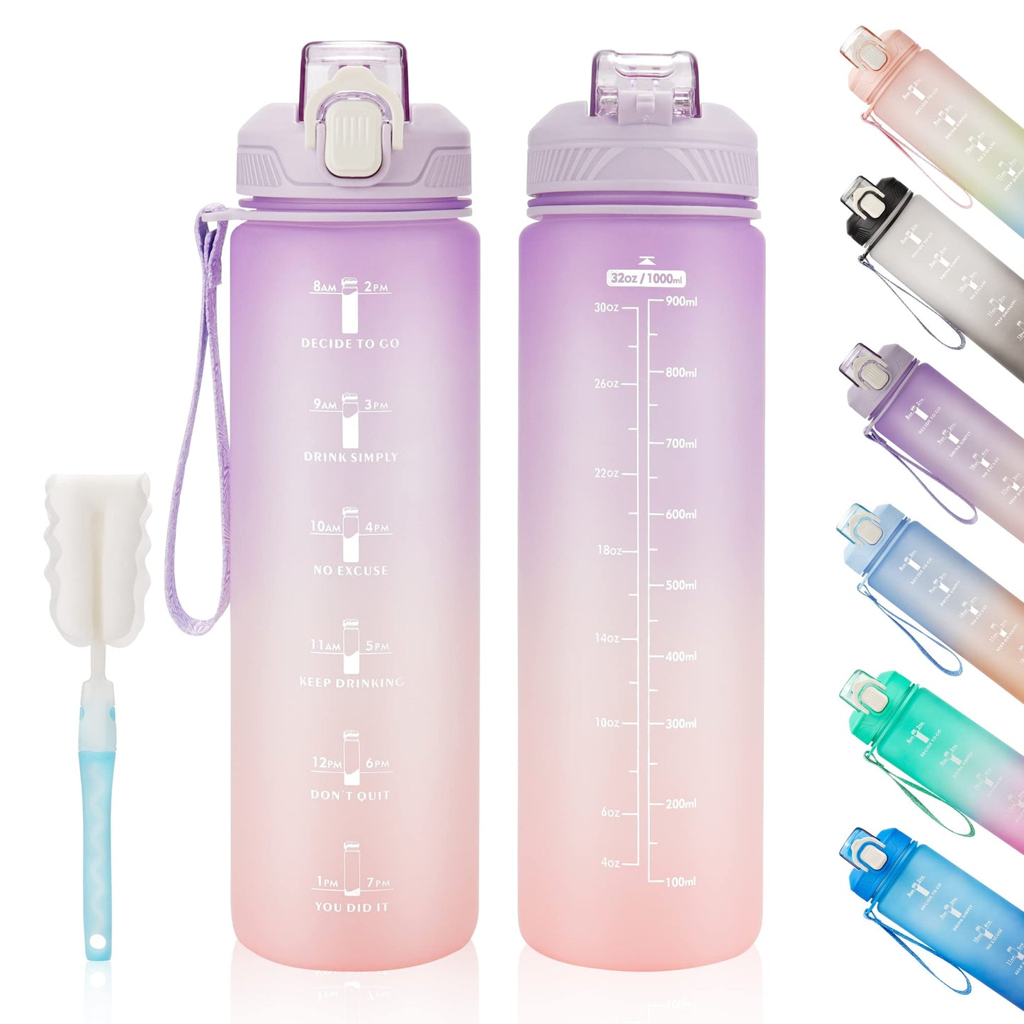 YC Kitchen Motivational Water Bottle with Time Marker- 32oz Water Bottles with Times to Drink, Leakproof & BPA Free Sports Water Bottle with Straw & Carry Strap for Fitness, Gym, and Outdoor Sports