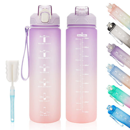 YC Kitchen Motivational Water Bottle with Time Marker- 32oz Water Bottles with Times to Drink, Leakproof & BPA Free Sports Water Bottle with Straw & Carry Strap for Fitness, Gym, and Outdoor Sports
