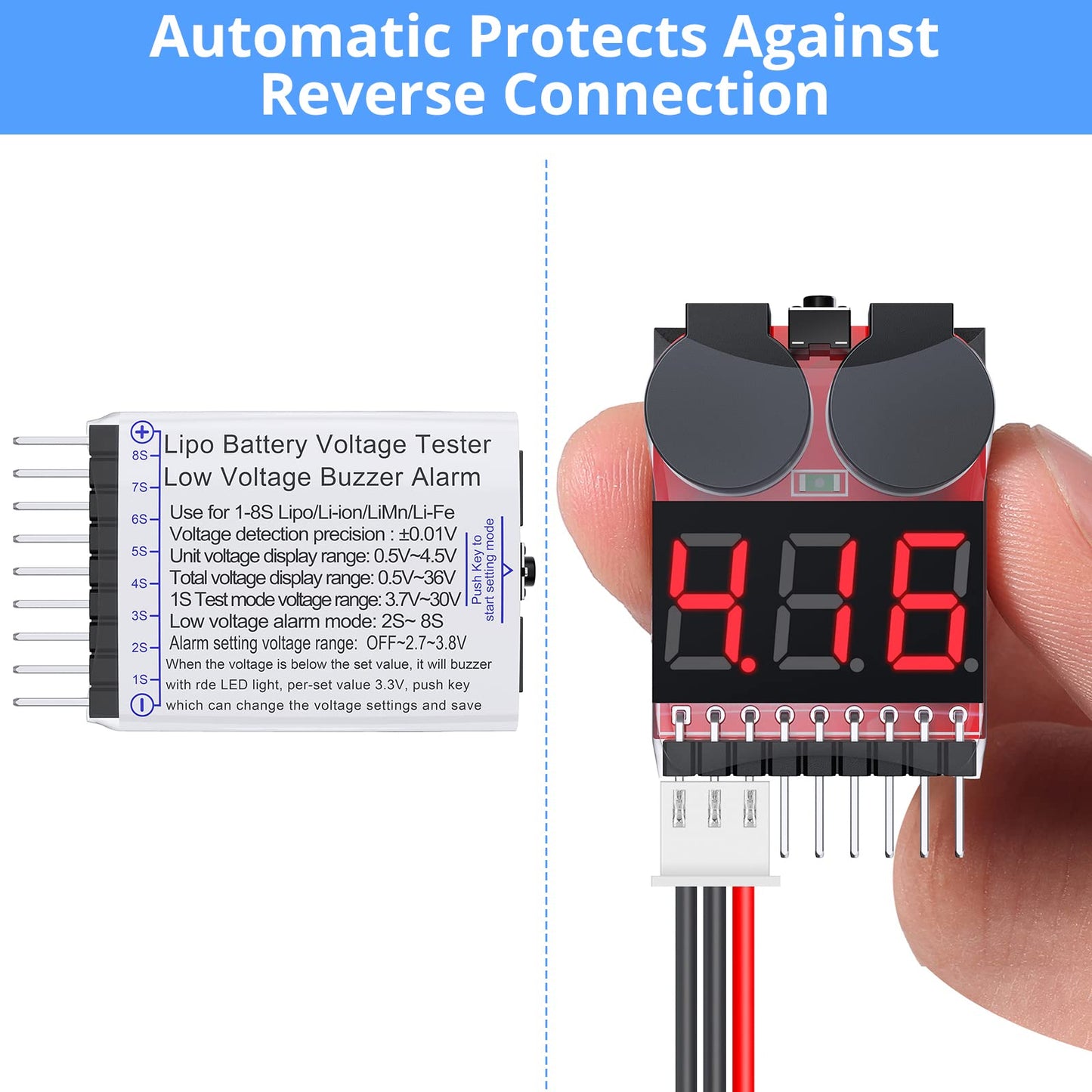 CAMWAY 5PCS 2in1 1-8s Lipo Battery Voltage Tester,RC Low Voltage Buzzer Alarm,Battery Monitor Checker Tester for 1-8s Lipo/Li-ion/LiMn/Li-Fe