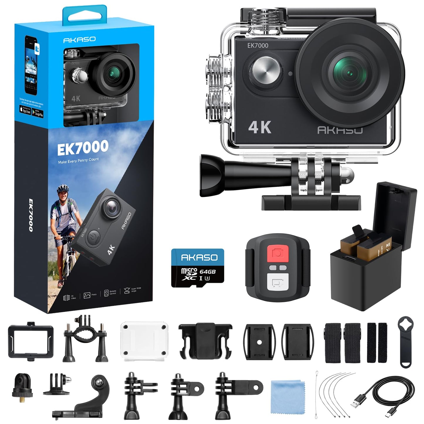AKASO EK7000 4K30fps Action Camera with 64GB MicroSDXC U3 Memory Card Accessories Kit Bundle Ultra HD 131FT Waterproof Underwater Camera EIS WiFi Remote Control 4X Zoom, Black