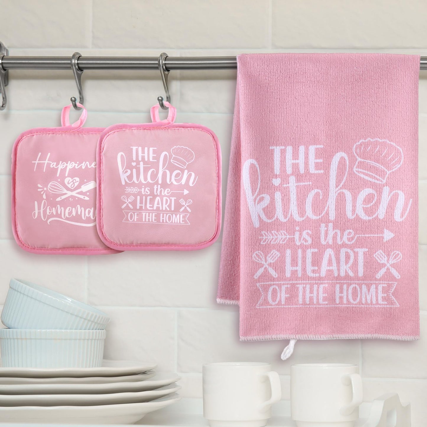 Sratte 6 Pcs Kitchen Decor Accessories Set Farmhouse Towels Pot Holders Oven Mitts Set 2 Dish Towels 2 Potholders 2 Cooking Mittens Oven Glove for Baking Cooking Supply(Pink,Kitchen)