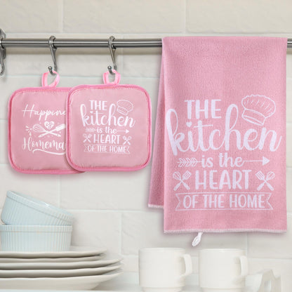 Sratte 6 Pcs Kitchen Decor Accessories Set Farmhouse Towels Pot Holders Oven Mitts Set 2 Dish Towels 2 Potholders 2 Cooking Mittens Oven Glove for Baking Cooking Supply(Pink,Kitchen)