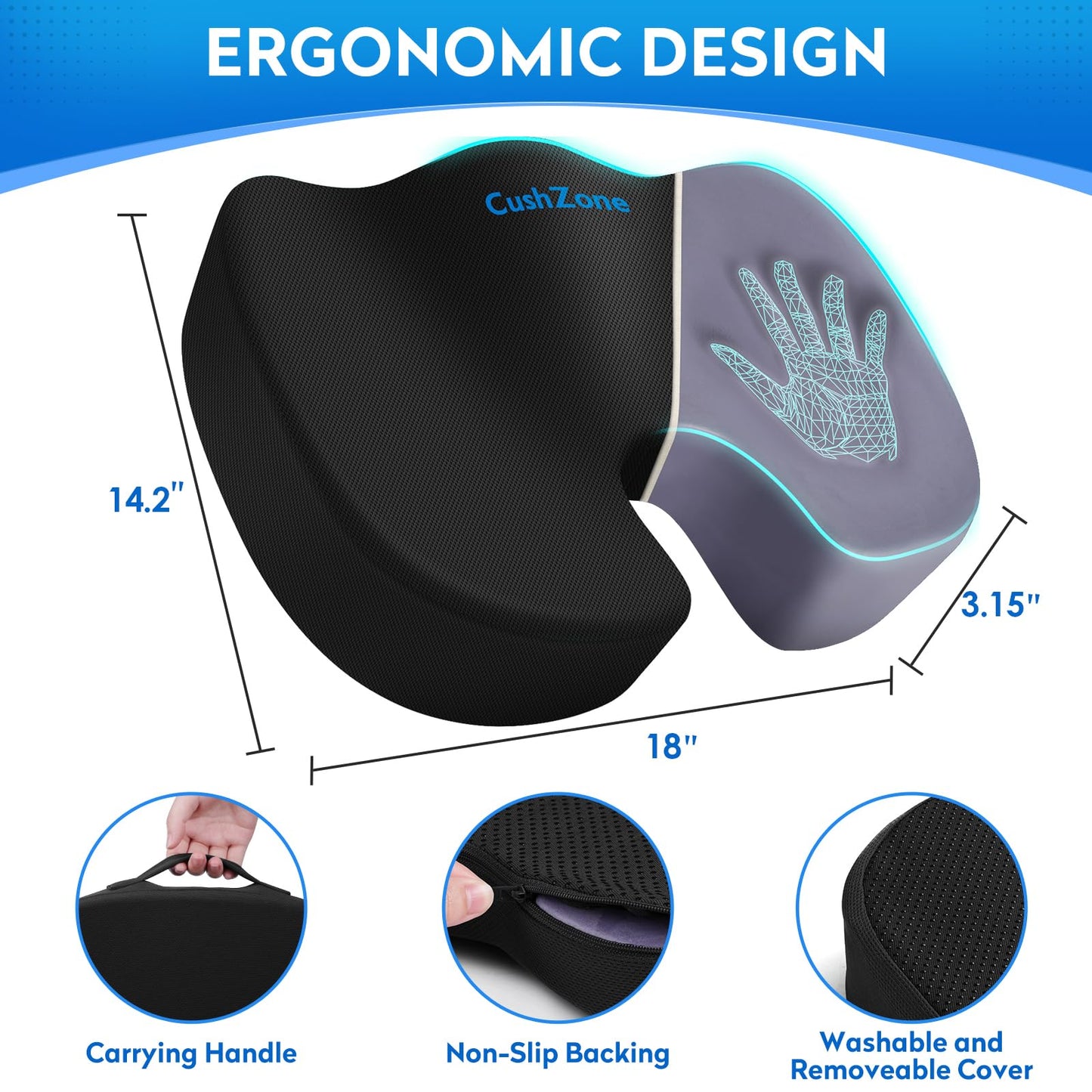 Ergonomic Memory Foam Seat Cushion with Non-Slip Base - Office Chair, Car, Airplane, Wheelchair & Bleacher Support - Pressure Relief for Back, Tailbone & Sciatica (Black)
