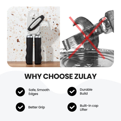Zulay Kitchen Heavy Duty Stainless Steel Can Opener Manual with Bottle Opener - Rust Proof Manual Can Opener With Turn Knob & Comfy Soft Grip Handles - Black